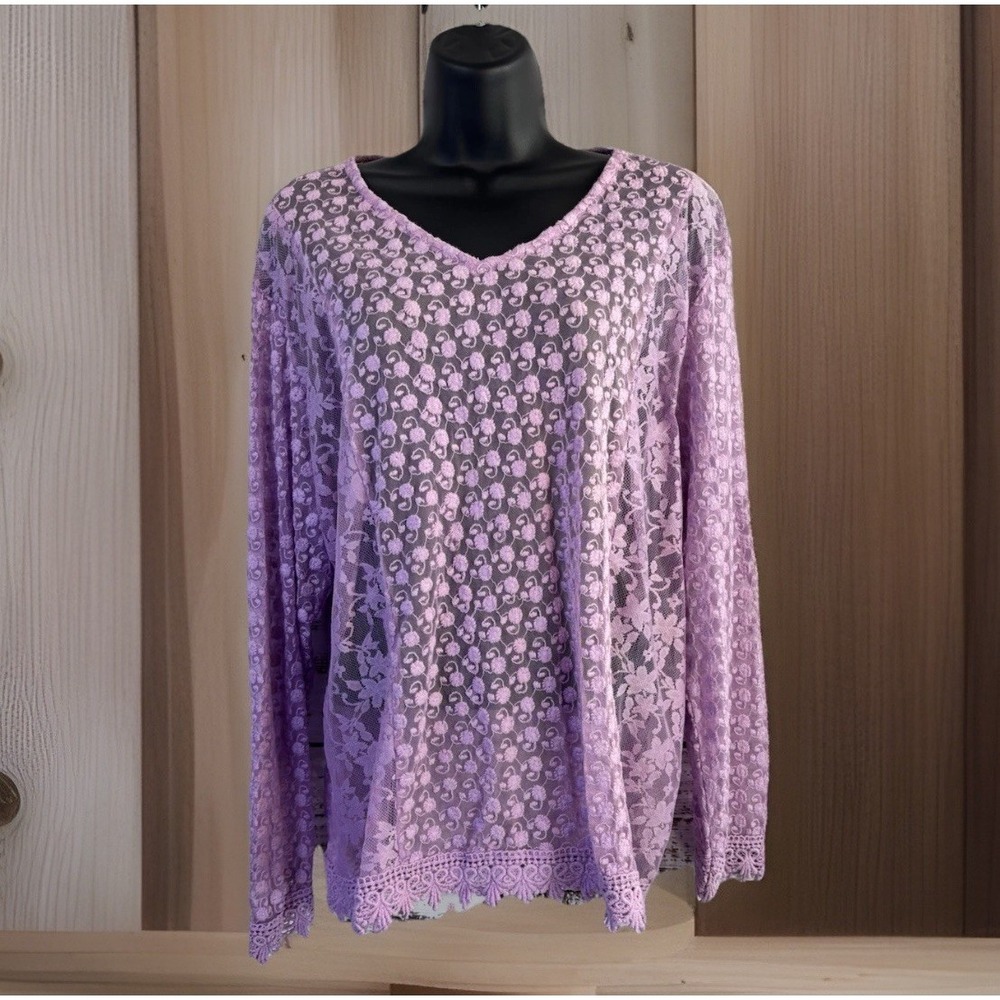 Vintage Y2K Lace Top Pink Purple Sheer L Embroidered Romantic Feminine Whimsical